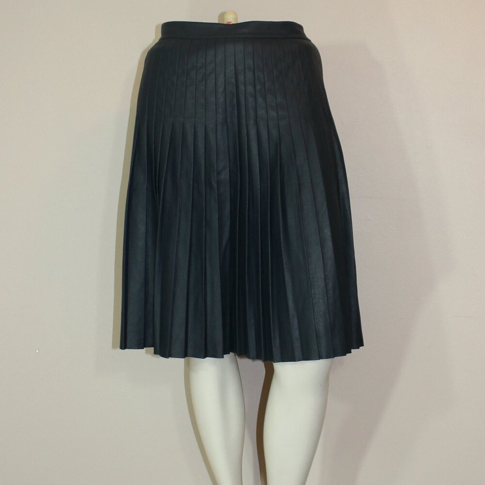 Rebecca Taylor pleated lined midi knee skirt faux leather side zip size 4